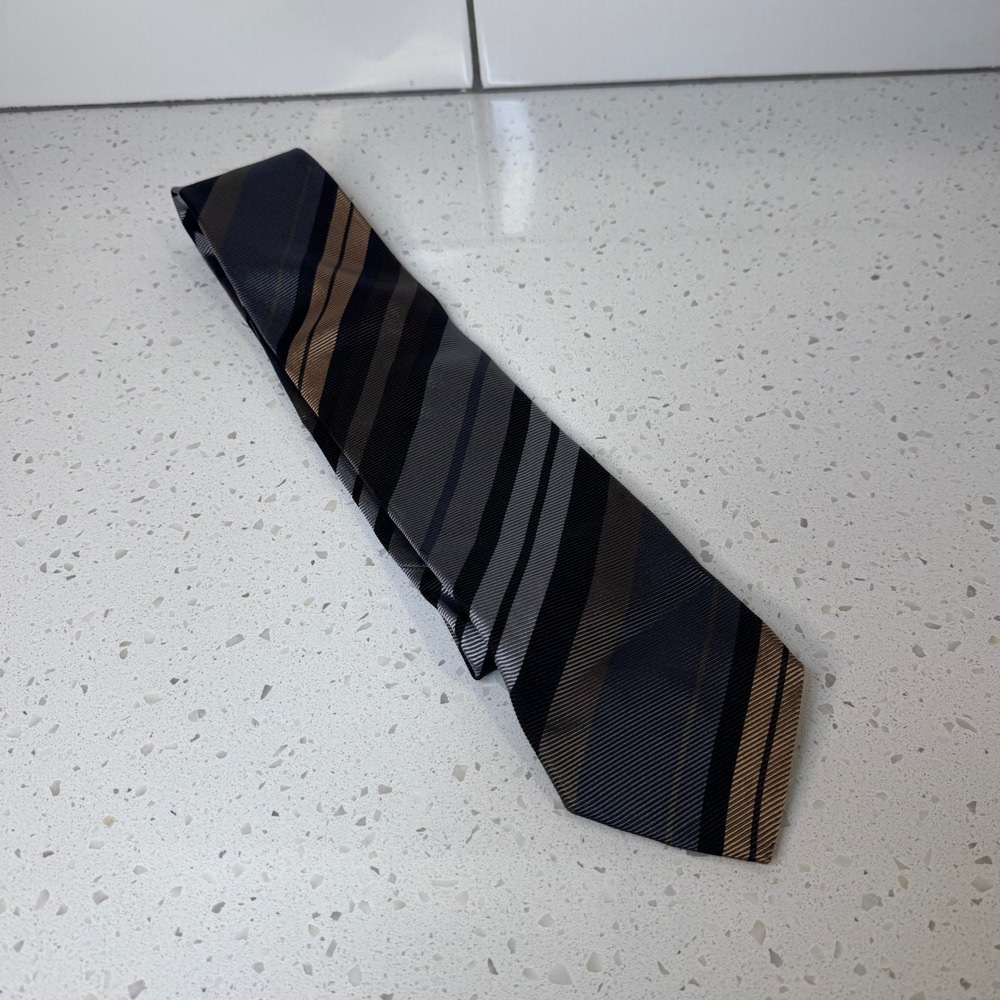 Tino Cosma Silk Necktie Mens Black Grey Bronze Striped Made in Italy Tie
